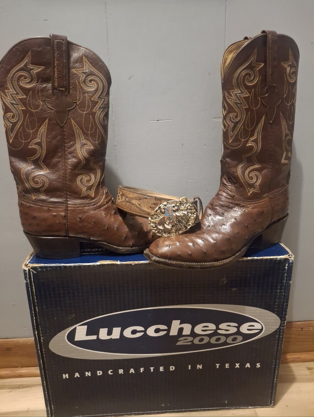 Ostrich Lucchese Plain Toe Boots 8.5 Mens. Matching Belt 40in